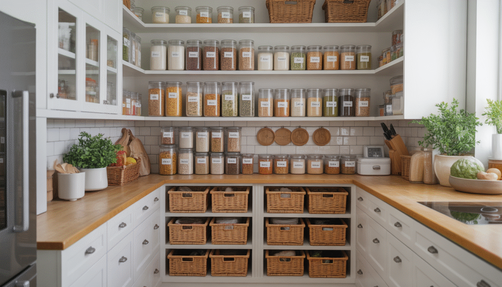 modern organized pantry with labeled clear containers
